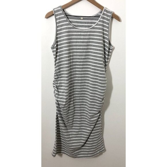 unbranded Dresses & Skirts - Boutique Maternity Dress Women XL Grey Striped Midi Sleeveless Rushed Sides